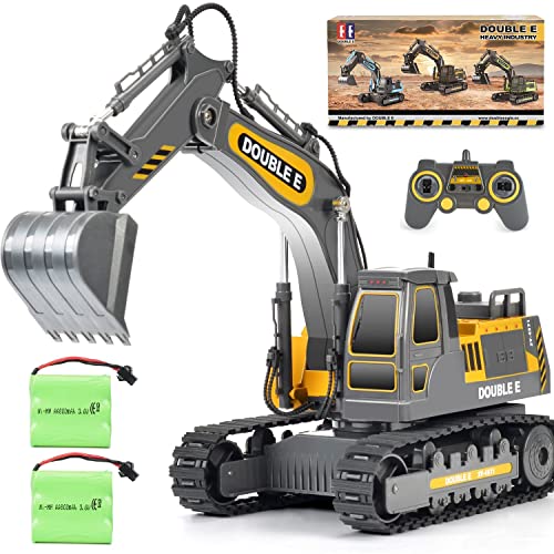 DOUBLE E Construction Toys 350-degree Remote Control Excavator 2 Batteries RC Vehicles Electric Truck Toys for Boys Girls Kids, Gray