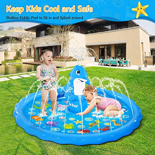 iBaseToy Splash Pad Sprinkler for Kids - 72" Inflatable Dolphin Splash Mat Baby Pool Water Sprinklers Toys for Outdoor Backyard Yard Lawn - Kids Sprinkler Water Toys Games for Toddlers Boys Girls