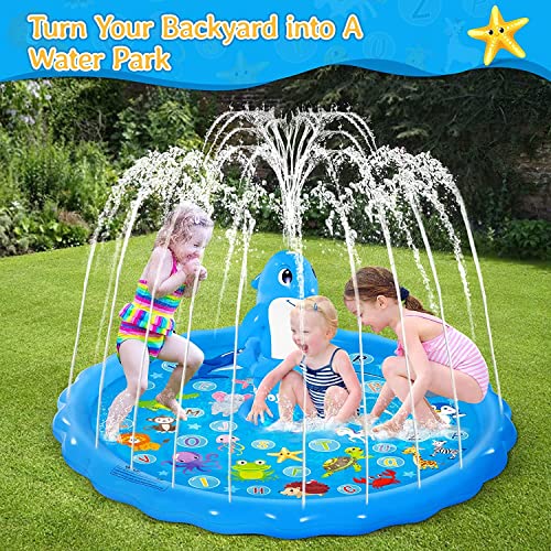 iBaseToy Splash Pad Sprinkler for Kids - 72" Inflatable Dolphin Splash Mat Baby Pool Water Sprinklers Toys for Outdoor Backyard Yard Lawn - Kids Sprinkler Water Toys Games for Toddlers Boys Girls